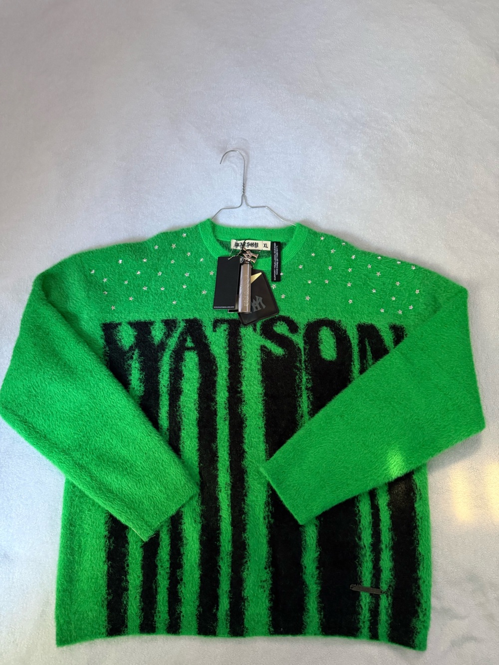Unreal Fur Bright Green Crewneck Sweater with Black Logo Stripes